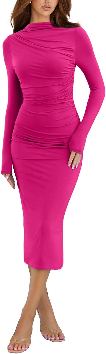 IHOT Mock-Neck Ruched Midi Dress