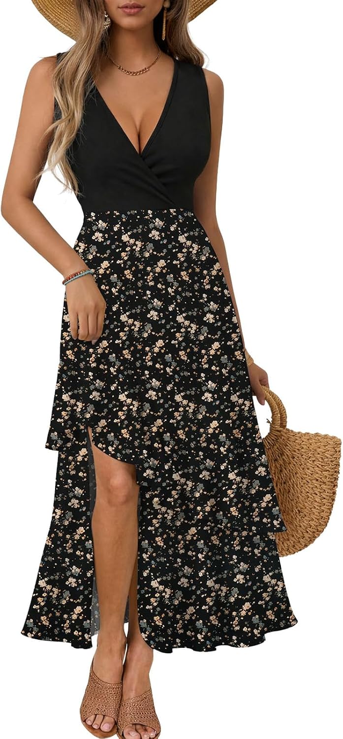 IHOT black floral high-low vacation dress
