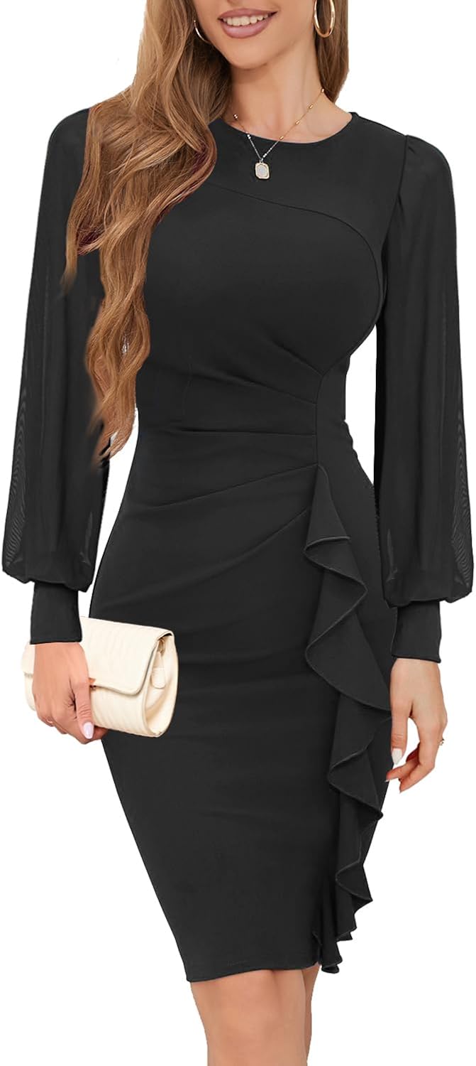 IHOT Long Sheer-Sleeve Ruched Dress