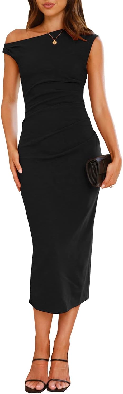 IHOT One-Shoulder Ruched Midi Dress