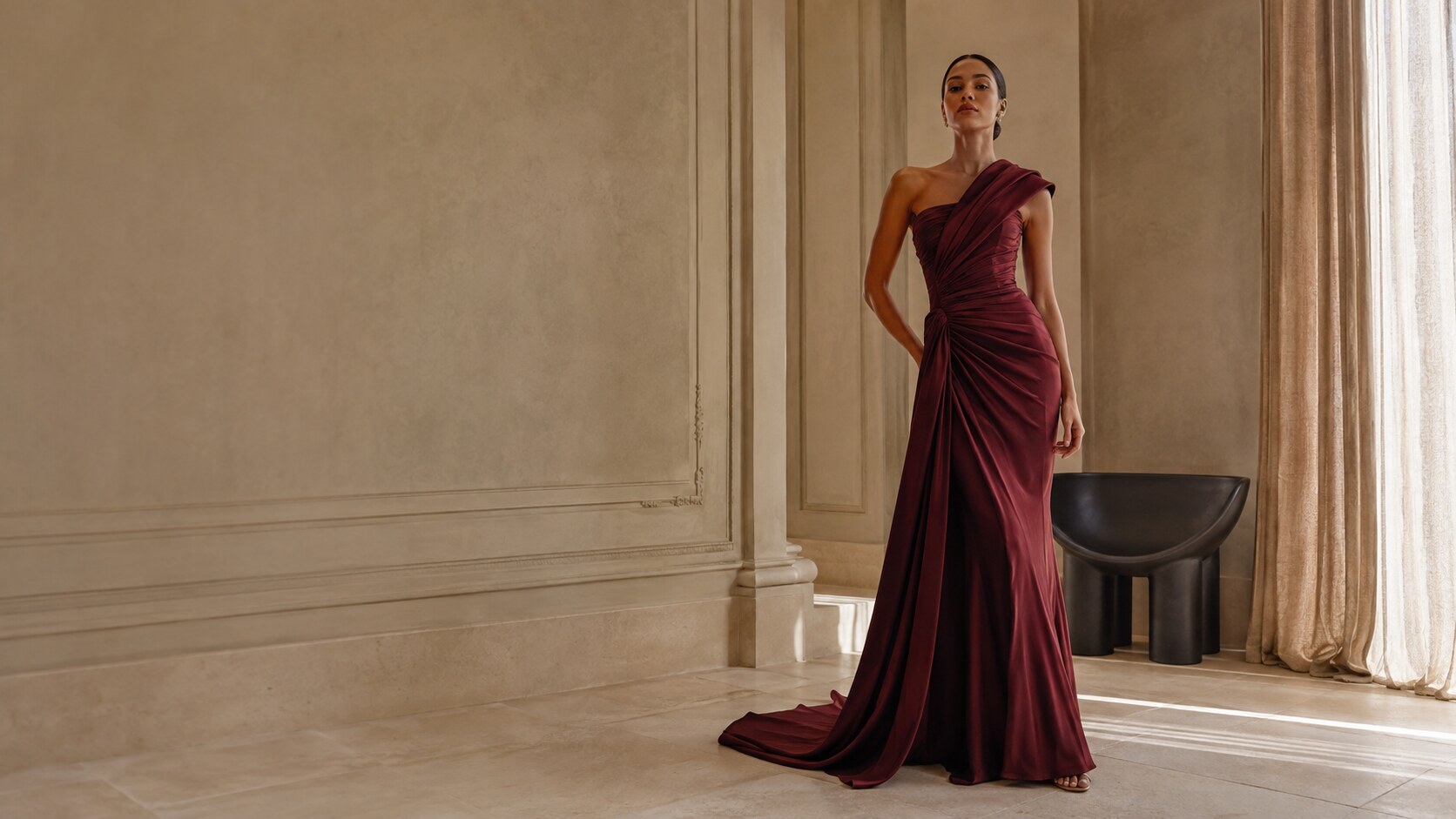 The Skyland edit featuring a sculptural oxblood evening dress