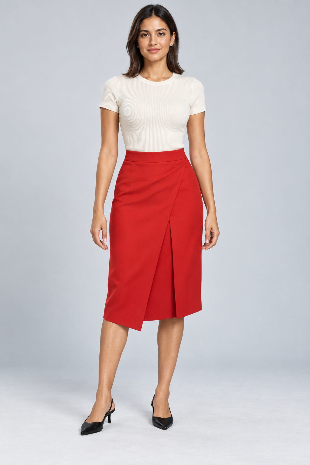Ayla Tomato Fold-Pleat Midi Skirt front view fashion concept