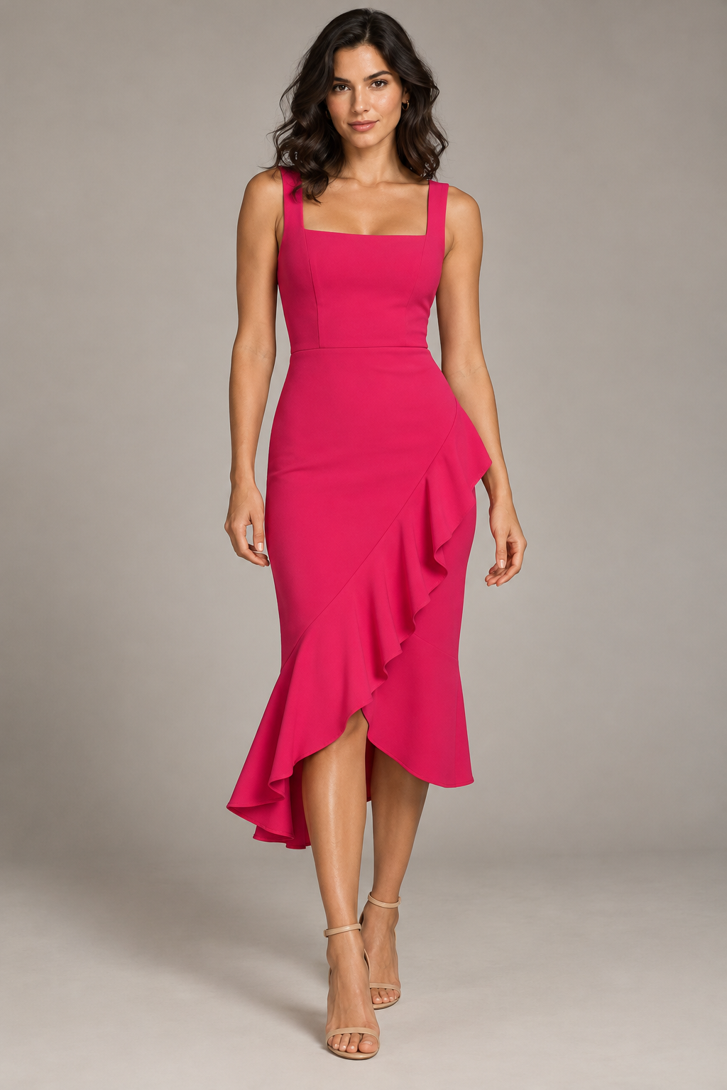 Rina Raspberry Cascade Midi front view fashion concept