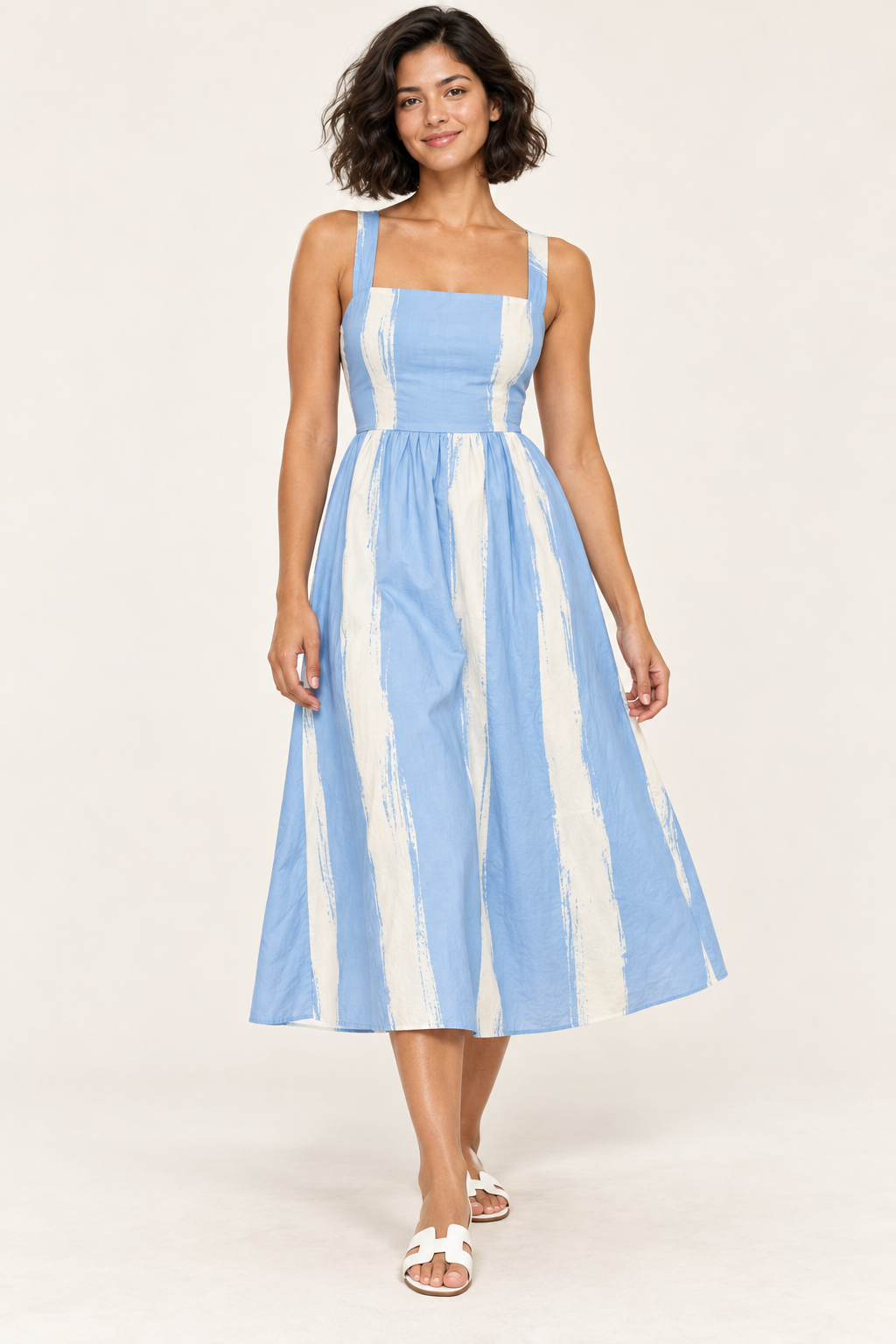 Maya Sky Brush-Stripe Midi front view fashion concept